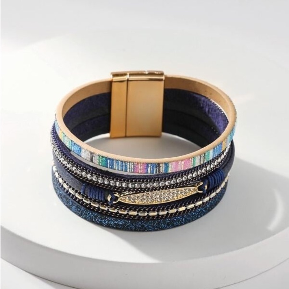 NWT Navy Multi Color Stripe Rhinestone Bracelet Magnetic Clasp